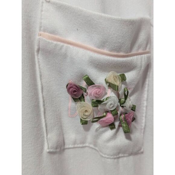 Rae Dunn Women's Soft White Pink Trim Flower Embellished Pocket Night Shirt Size - Picture 3 of 7